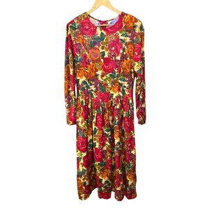 Vintage Passports Bright Floral Long Sleeve Midi Dress Large Y2K 1990 Drop Waist